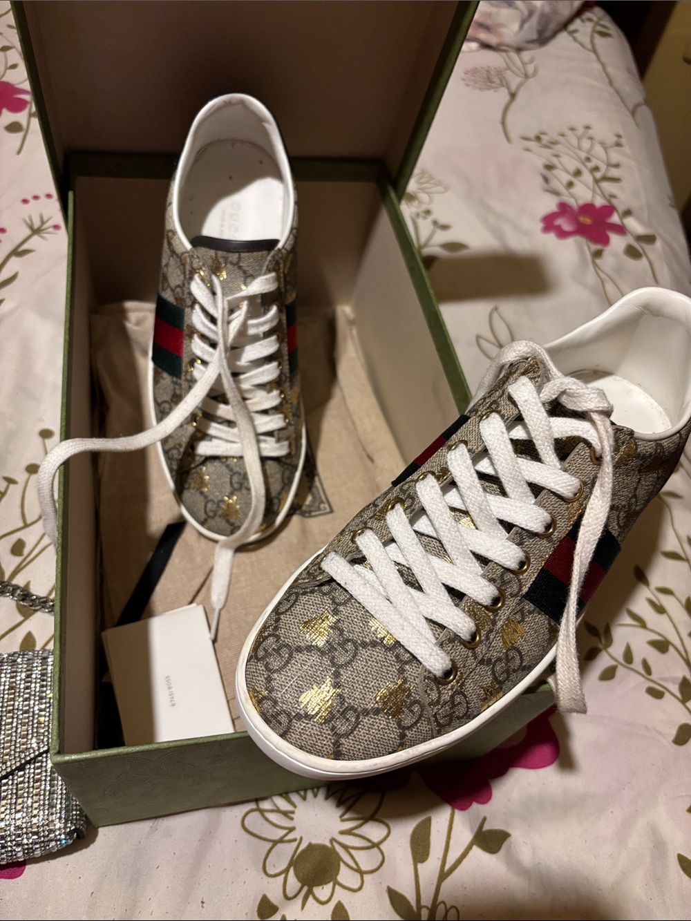 Gucci Beige GG Supreme Sneakers with Green-Red Web